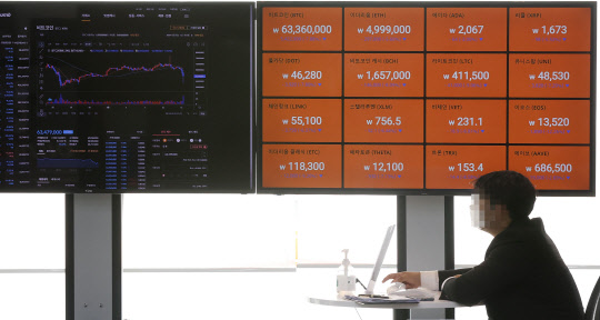 지난 13일 오전 서울 빗썸 강남센터 라운지 스크린에 가상화폐 시세들이 띄워져 있다. <연합뉴스>